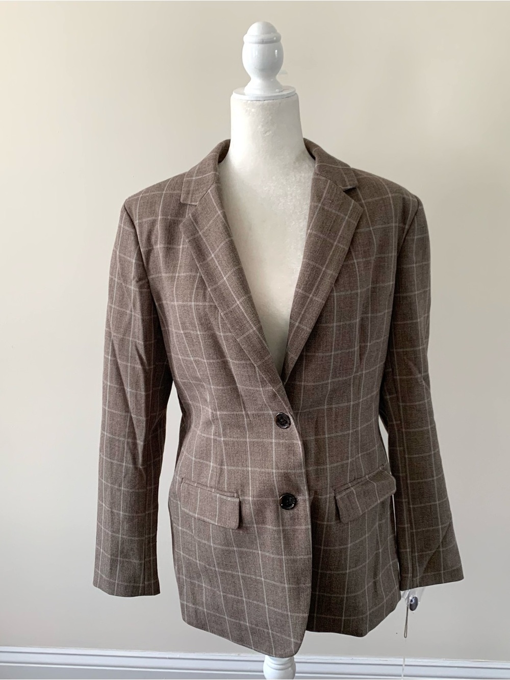 NWT - a.new day Brown Windowpane Check Two-Button Blazer - Size 14